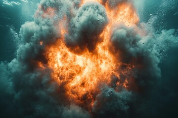 Obraz premium Explosive underwater eruption creates massive fireball with swirling smoke clouds in clear blue ocean