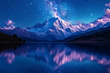 The night sky is mirrored in a mountain lake, creating a stunning display of stars and their reflections on the calm water surface