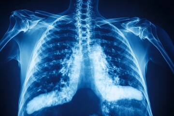 Detailed view of human chest X-ray showing rib structure, lungs, and spine for medical examination purposes