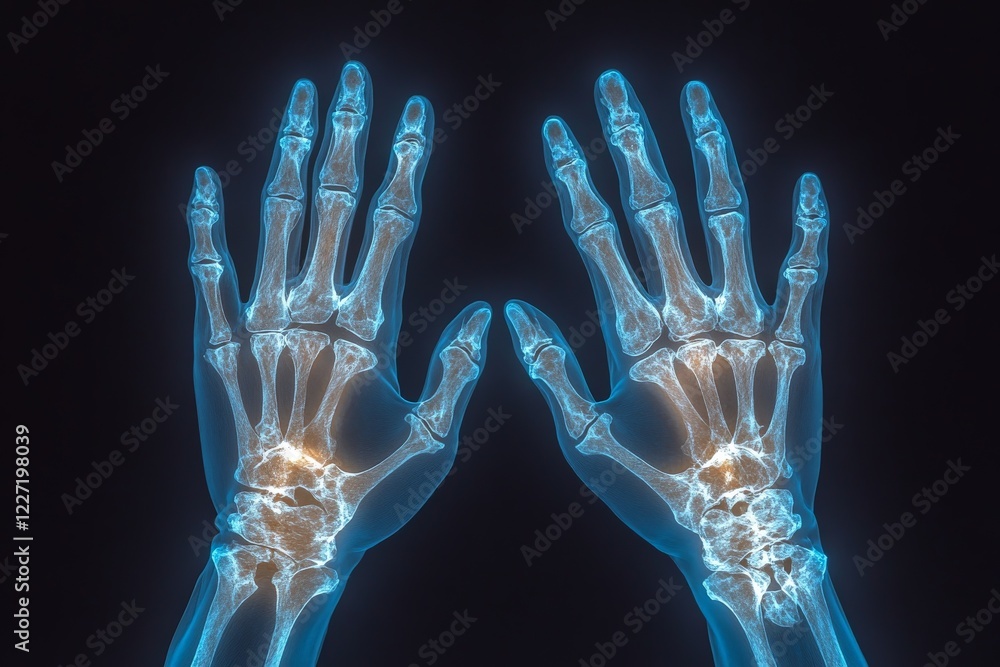 Aufkleber x-ray of two human hands showing skeletal structure and joints in detail against a dark background