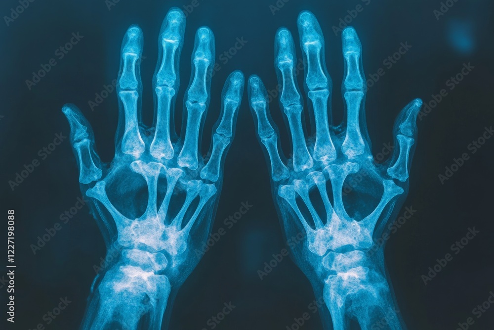 Poster detailed view of human hands showing bone structure in an x-ray image captured under medical examina
