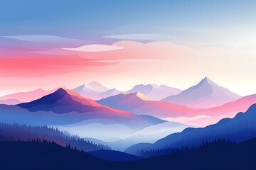 Stylized mountain landscape with layered hills and a soft pastel sky, creating a serene and dreamy atmosphere.