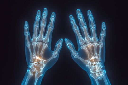 X-ray of two human hands showing skeletal structure and joints in detail against a dark background