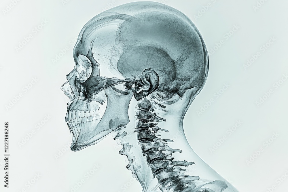 Aufkleber detailed view of a human skull and cervical vertebrae showcasing anatomical structure in a medical s