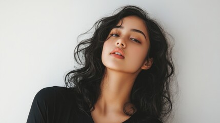 Young asian female with wavy black hair and confident pose