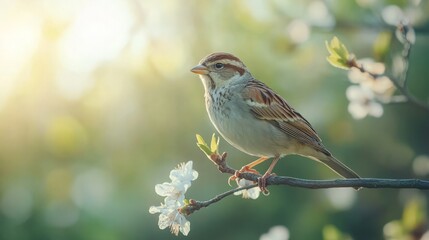A bird perched on a thin branch, against a soft blurred green background, with its vibrant feathers catching the light.