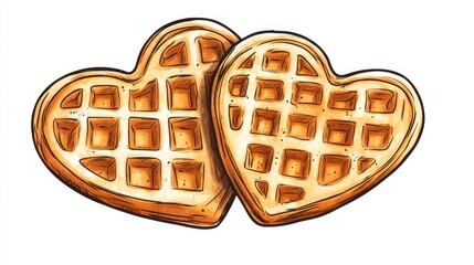 Black and white illustration of two heart-shaped waffles stacked together, drawn in a sketch style. Ideal for breakfast menu, bakery branding, Valentine s Day or International Waffle Day celebrations