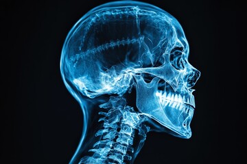 Detailed human skull and spine X-ray highlighting anatomical features for educational purposes