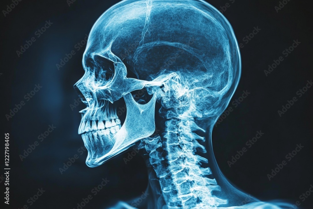 Aufkleber detailed view of a human skull and spine in x-ray, showcasing anatomical structure and alignment