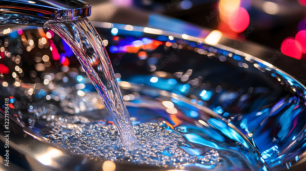 Poster close up shot of chrome liquid cascading into a sleek basin reflecting colorful lights. generative a