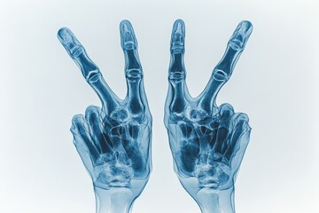 Naklejka premium X-ray image showing human hands making a peace sign and a victory gesture in an anatomical study