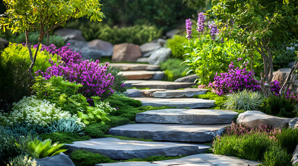 A serene garden pathway lined with vibrant flowers and lush greenery.