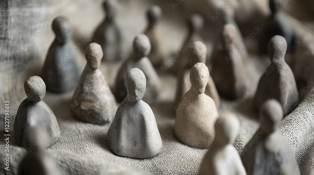 Poster collection of small clay abstract figures arranged for a creative display. generative ai