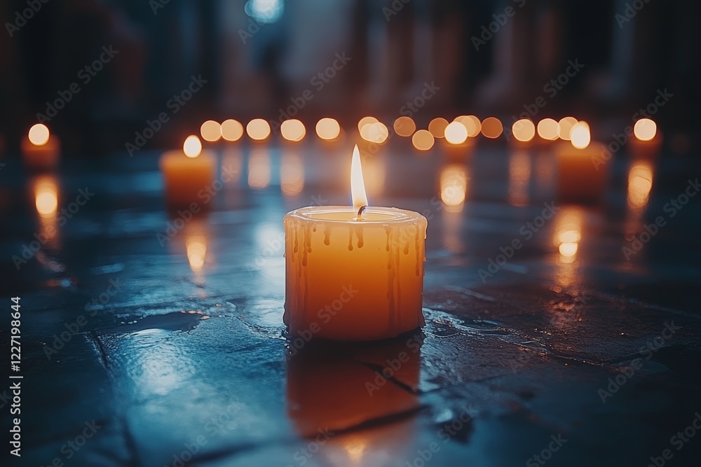 Poster Soft candlelight flickers on stone floor creating a peaceful atmosphere in a dimly lit space