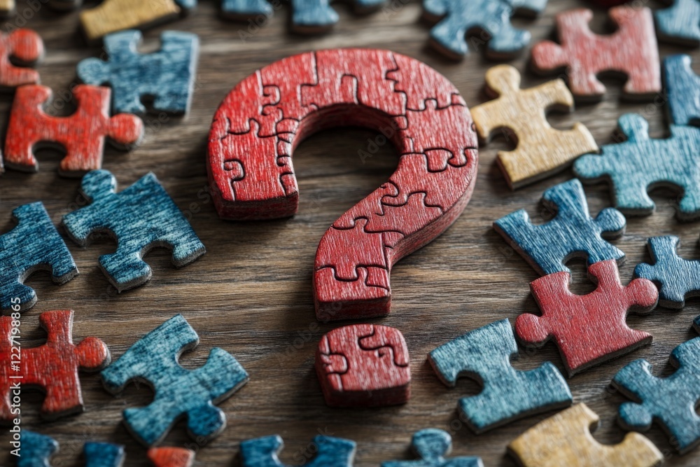 Poster colorful puzzle pieces surrounding a question mark on a wooden table create a thoughtful atmosphere