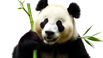 Fototapeta premium Close-up portrait of a panda holding a bamboo shoot. Relaxed expression on white background