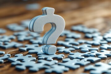 Puzzle pieces scattered on a wooden table with a large question mark indicating uncertainty or a challenge in solving