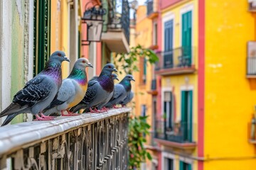 Obraz premium Colorful pigeons perched on a balcony with vibrant buildings in the background during daytime in a bustling city