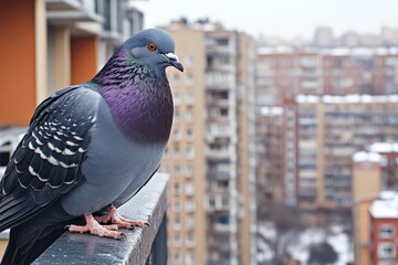 Obraz premium Pigeon perched on balcony railing overlooking urban landscape on a snowy day