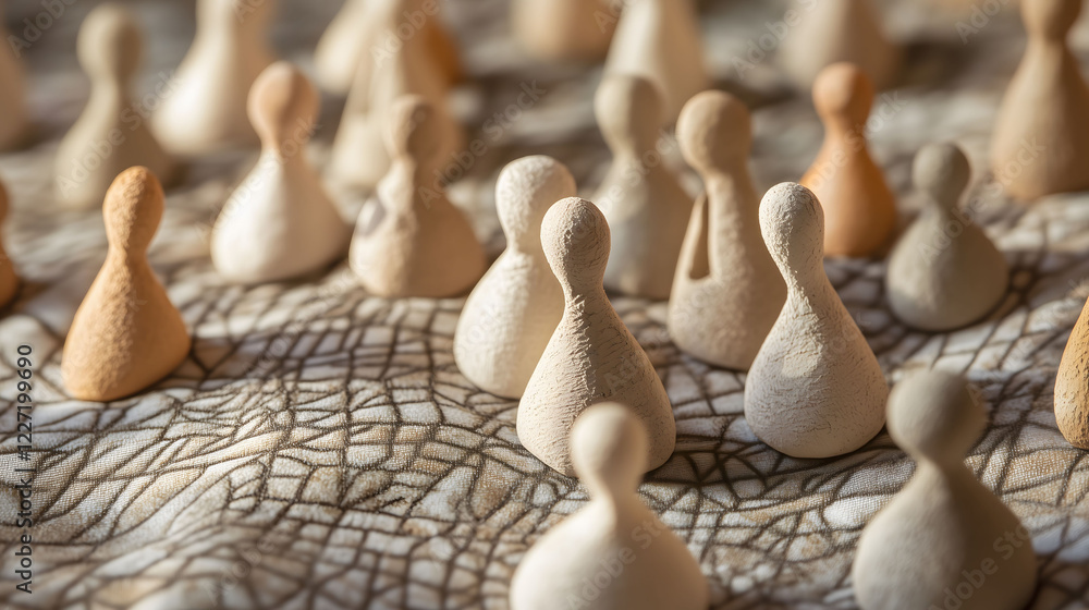 Poster small clay abstract figures arranged on a textured surface showcasing creativity and craftsmanship. 