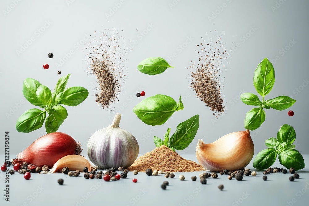 Poster Fresh herbs and spices arranged artfully with garlic and onions in a vibrant kitchen setting