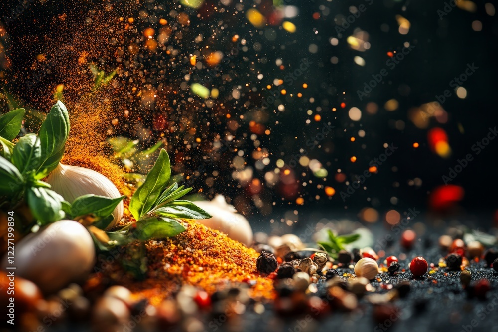 Poster Spices and fresh ingredients create a vibrant culinary setting in the kitchen during busy cooking hours