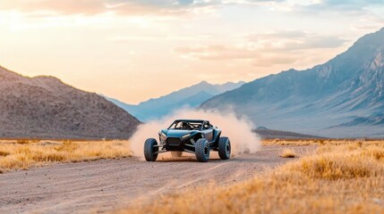 Off-road vehicle driving desert sunset mountains