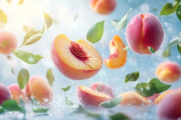 Fresh peaches and leaves splashing in water create a vibrant summer atmosphere with bright sunlight