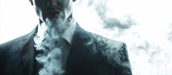 Obraz premium Man in suit vaping, smoke obscures face, white background, advertising