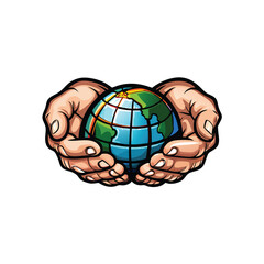 Create a detailed illustration of a vibrant Earth globe gently cradled by two diverse human hands, emphasizing global unity and environmental protection.
