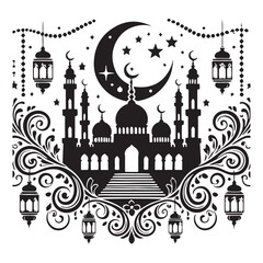 Beautiful Muslim festival illustration featuring mosques and stars