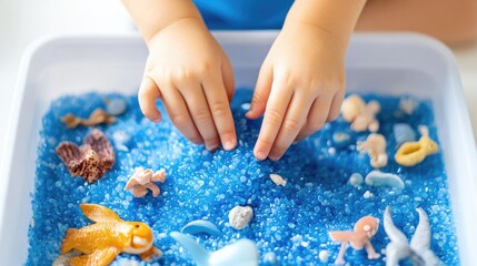 Child's hands playing with blue sensory bin filled with ocean-themed toys