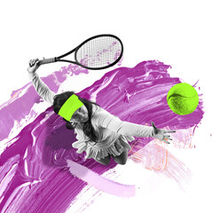 Modern art collage. Female tennis player leaping forward, reaching for ball with racket, against...