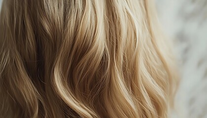 Naklejka premium Close-up of soft, wavy blonde hair with natural texture and shine, creating a warm and elegant aesthetic.