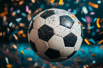 Naklejka premium Celebration of sports with a soccer ball surrounded by colorful confetti in an energetic atmosphere