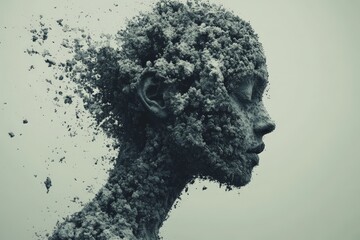 Artistic representation of a human face dissolving into particles creating a surreal atmosphere