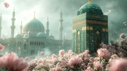 Obraz premium Serene Mosque Amidst Blossoming Flowers
