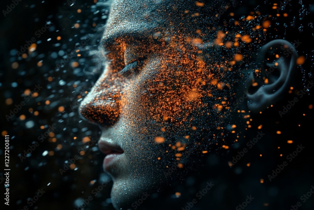 Poster a close-up of a person with sparkling particles illuminated against a dark background during an arti