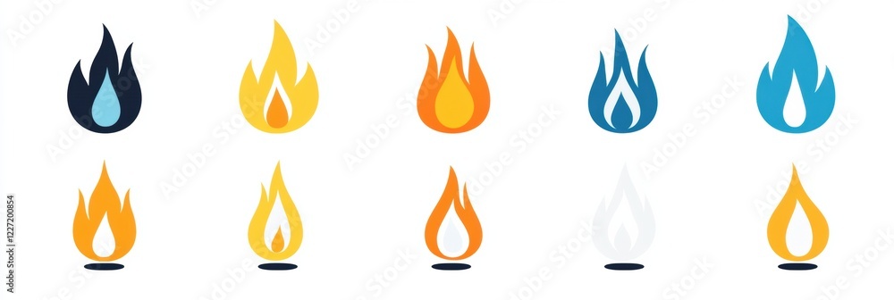 Poster Colorful flame icons in various styles representing heat, energy, and fire visual elements for design purposes. Generative AI