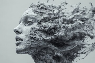 Artistic representation of a woman's face merging with textured abstract elements in a creative display of emotion and form
