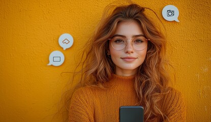 3. Illustration of a happy woman using a smartphone and engaging with a chat bot, featuring web icons