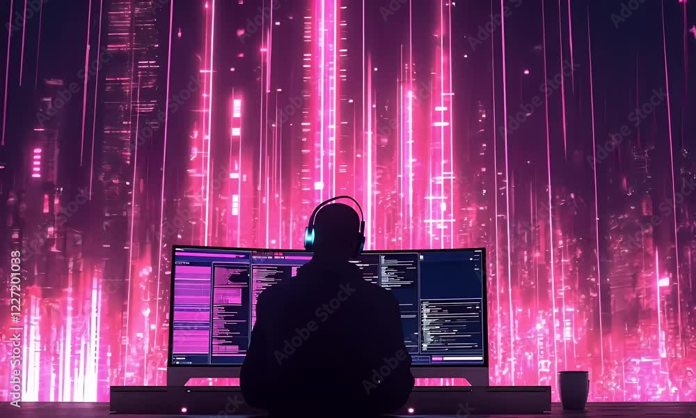 Poster Coder works late, neon city backdrop, screen displays code, tech concept