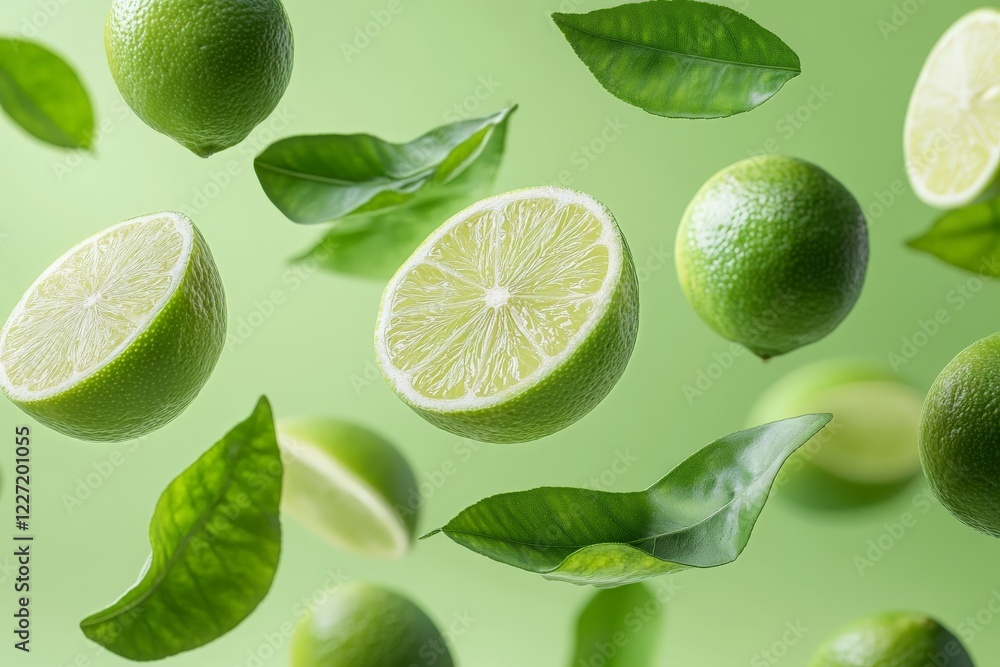 Poster fresh limes and leaves float in the air against a vibrant green background creating a lively atmosph