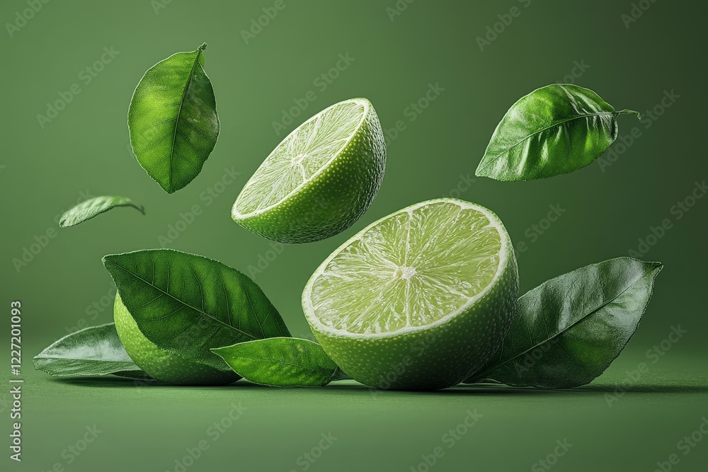 Poster fresh limes and green leaves displayed in a creative floating arrangement on a soft green backdrop