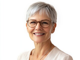 Fototapeta premium Smiling mature caucasian woman with glasses and short gray hair in white blouse