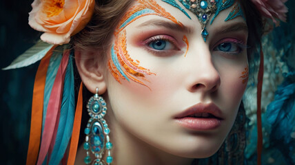 A surreal fantasy portrait of a woman with flowers and feathers in her hair