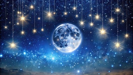 Deep dark blue night sky with thousands of twinkling stars and a bright full moon hanging low in the sky