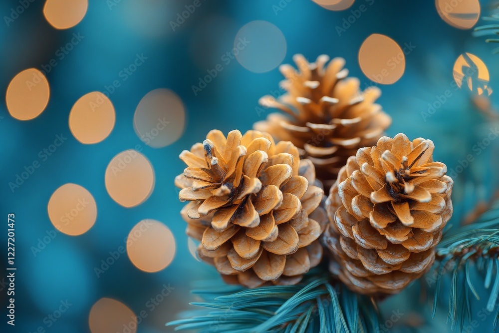 Aufkleber pine cones nestled in evergreen branches with soft bokeh lights creating a festive atmosphere during