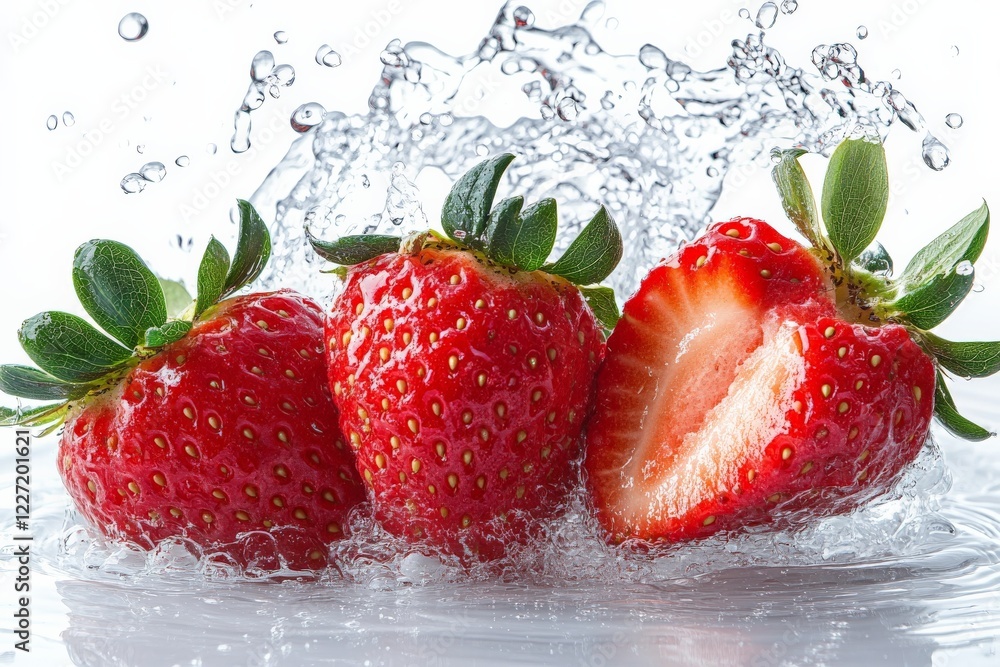 Poster fresh strawberries splashing into water create a striking visual moment of freshness and vitality