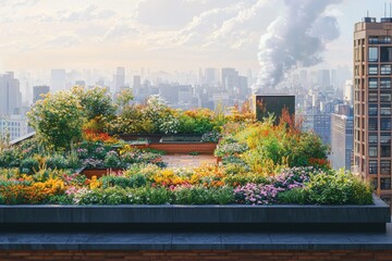 Fototapeta premium Overflowing rooftop garden a colorful urban aerial perspective